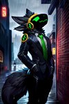 anthro black_body black_fur city clothing frosting.ai fur glistening glistening_body looking_up machine male neck_tuft necktie raining smile solo suit tuft visor mr_diddlez tars_(tars) protogen absurd_res hi_res