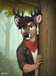 anthro antlers brown_body brown_fur brown_hair clothing fluffy fur green_eyes hair horn jacket leather leather_clothing leather_jacket leather_topwear looking_at_viewer male plant scarf solo topwear tree gilkardex cervid mammal hi_res