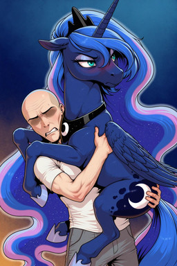 blush carrying_another clothing crown duo embarrassed female feral grimace horn jewelry larger_male male necklace regalia shirt size_difference slacks smaller_female topwear white_clothing white_shirt white_topwear wings anonymous_director friendship_is_magic my_little_pony anon princess_luna_(mlp) equid equine human mammal winged_unicorn absurd_res hi_res