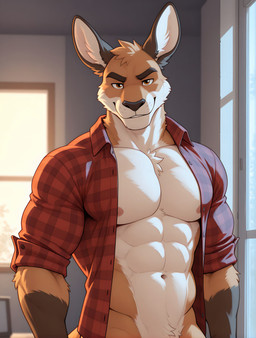 abs anthro bedroom_eyes bottomless brown_body brown_eyes brown_fur chest_tuft clothed clothing collared_shirt eyebrows flannel_shirt front_view fur gloves_(marking) looking_at_viewer male manly markings mostly_nude multicolored_body multicolored_fur muscular muscular_male narrowed_eyes navel nipples open_clothing open_shirt open_topwear pecs seductive shirt smile smiling_at_viewer solo tan_body tan_fur thick_eyebrows topwear tuft two_tone_body two_tone_fur upper_body promagentis kangaroo macropod mammal marsupial hi_res