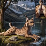 amazing_background anus detailed_background ears_up female feral fluffy_ears genitals lake looking_at_viewer lying mountains on_front plant pussy quadruped raised_tail seductive solo tree birdlover felid feline lynx mammal absurd_res hi_res