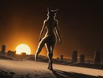 amazing_background backlighting biped breasts butt casual_nudity desert detailed_background digitigrade feet female fur light looking_away markings nude outdoor_nudity outside pattern_fur rear_view shadow sky solo spots spotted_body spotted_fur standing sun sunset tail tuft walking walking_away yellow_body yellow_fur quantaized canid canine mammal hi_res lighting