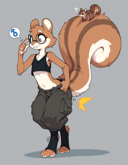 4_toes ambiguous_gender big_tail biped black_clothing bodily_fluids bottomwear brown_body brown_fur buckteeth claws clothed clothing crop_top digitigrade duo emanata eyewear feet female_symbol femboy feral fingers fluffy fluffy_tail footwear fur gender_symbol glasses grey_background male male_anthro male_symbol midriff navel pants round_glasses shirt simple_background size_difference smile standing sweat sweatdrop symbol tail tank_top teeth toes topwear tuft white_body white_fur anotheranon chipmunk ground_squirrel mammal rodent sciurid tree_squirrel hi_res
