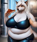 anthro big_breasts black_clothing bottomwear breasts canid canine cleavage clothed clothing eating female fox fur hair long_hair mammal obese obese_female overweight overweight_female shorts skimpy tlandurea white_body white_fur