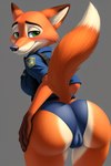 anthro bottomwear butt camel_toe clothing crossgender disney female fur genital_outline green_eyes looking_at_viewer looking_back narrowed_eyes presenting pussy_outline raised_tail simple_background smile smiling_at_viewer solo tight_bottomwear tight_clothing zootopia angry_puppy nick_wilde canid canine fox mammal