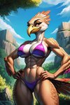 abs anthro athletic athletic_anthro athletic_female beak big_breasts bikini breasts clothing feathers female jungle navel panties plant solo swimwear tail_feathers tree underwear yellow_beak birdovo avian bird falcon falconid hi_res