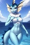 anthro blue_body blue_eyes blush bottomless breasts clothed clothing day eeveelution female generation_1_pokemon genitals looking_at_viewer pokemon_(species) pokemorph pussy solo vaporeon