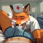 anthro anthro_on_anthro bed bodily_fluids boxer_briefs clothed clothing cross crotch_sniffing duo erection erection_under_clothing eyes_closed first_person_view fox_ears fur furniture genital_fluids hospital inside lying male male/male male_pov medical_play mouth_closed musk musk_clouds nurse on_back orange_body orange_fur pony_diffusion_(model) precum precum_through_clothing sniffing symbol underwear wet wet_clothing window director_aislopper canid canine fox mammal hi_res