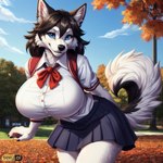 anthro big_breasts blue_eyes blue_sky bottomwear breasts clothing director_name falling_leaves female happy plant school_uniform skirt sky smile solo tree uniform whitewolfar117 canid canine canis domestic_dog husky mammal nordic_sled_dog spitz