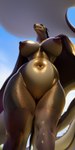 anthro areola back_spikes big_areola big_breasts big_nipples breasts female genitals gold_scales gold_skin green_body green_scales looking_away low-angle_view multicolored_body navel nipples non-mammal_breasts non-mammal_nipples nude pussy scales smile solo spikes spikes_(anatomy) thick_thighs two_tone_body wide_hips worm's-eye_view ty dragon scalie