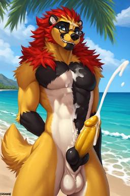 abs anthro balls beach_background bodily_fluids cum cum_on_body dragonthunder ejaculation eyewear genital_fluids genitals glasses knot looking_at_viewer male penis redblond-hair redblondhair solo mitch badger mammal mustelid musteline s attempted_signature