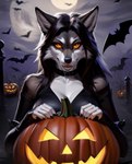 anthro clothed clothing dark_clothing female food fruit fully_clothed halloween jack-o'-lantern looking_at_viewer night plant pumpkin solo rinic_(director) canid canine canis mammal wolf