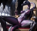 anthro black_body breasts chair female fingers furniture generation_7_pokemon genitals hi_res inside leaning leaning_back lichking127 light navel nipples non-mammal_breasts non-mammal_nipples pokemon_(species) presenting presenting_pussy purple_body purple_eyes purrfectmerge_(model) pussy realistic salazzle scalie sitting solo spread_legs spreading sunlight throne throne_room