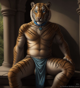 anthro blue_collar blue_eyes bottomwear clothed clothing collar exposed_balls front_view fur loincloth male multicolored_body multicolored_fur sitting solo striped_body striped_fur stripes topless shadow_maktao kifu_usaki felid mammal pantherine tiger hi_res
