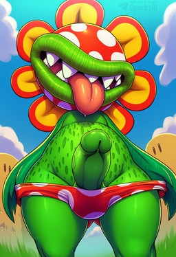 anthro balls biped bodily_fluids clothed clothing cloud detailed_background erection eyeless genitals glans grass green_body humanoid_genitalia humanoid_penis low-angle_view male male_anthro open_mouth outside penis plant presenting presenting_penis saliva sharp_teeth sky smile solo teeth telegram telegram_logo text thick_thighs tongue tongue_out underwear vein veiny_penis wide_hips sergalbutt mario_(series) super_mario_sunshine petey_piranha elemental_creature flora_fauna piranha_plant director_name hi_res signature url