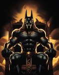 5_fingers abs anthro armlet backlighting biceps big_muscles biped black_body black_ears black_nose black_skin bottomwear bracelet broad_shoulders chair clothed clothed_anthro clothed_male clothing dall-e_3 dark_body dark_skin deltoids detailed_background egyptian_clothing egyptian_headdress egyptian_mythology empty_eyes featureless_chest fingers fist forearm_muscles front_view furniture glowing glowing_eyes gold_(metal) gold_jewelry humanoid_hands jewelry light loincloth looking_at_viewer male manly monotone_body monotone_skin mouth_closed muscular muscular_anthro muscular_arms muscular_male obliques pecs pose prick_ears quads serratus sitting smoke snout solo symmetry throne triceps zenithwolf anubis anubian_jackal canid canine canis deity jackal mammal 7:9 digital_drawing_(artwork) digital_media_(artwork) hatching_(art) hi_res lighting portrait shaded three-quarter_portrait warm_colors