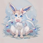 absurd_res blue_eyes blush canid canine eeveelution feral front_view fur generation_6_pokemon hi_res looking_at_viewer mammal mengxi pawpads pink_body pink_fur pink_pawpads pokemon_(species) quadruped ribbons solo sylveon white_body white_fur