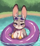 anthro barely_contained bedroom_eyes big_breasts bikini blush breasts clothed clothing ears_up eyewear female fur grass inflatable inner_tube looking_at_viewer narrowed_eyes nipple_outline outdoors partially_submerged plant seductive shrub skimpy skimpy_bikini solo string_bikini sunglasses swimming swimwear water wet wet_body wet_fur zootopia anonymous_director judy_hopps lagomorph leporid mammal rabbit hi_res