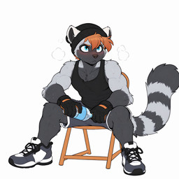 anthro beanie blue_eyes blush bodily_fluids bottomwear chair clothing footwear front_view frown fur furniture gloves grey_body grey_fur gym_bottomwear gym_clothing gym_shorts hair handwear hat headgear headwear leaning leaning_forward looking_away male markings multicolored_body multicolored_fur muscular muscular_male orange_hair plantigrade shirt shoes shorts simple_background sitting sneakers solo spread_legs spreading striped_markings striped_tail stripes sweat tail_markings tank_top tired topwear two_tone_body two_tone_fur water_bottle white_background promagentis lemur mammal primate strepsirrhine hi_res