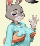 4_fingers 5_fingers ambiguous_gender anthro anthro_focus bedroom_eyes blush breast_fondling breast_grab breast_play breasts clothed clothing disembodied_hand disney duo eyebrows eyelashes female female_focus fingers fondling fur gesture grey_body grey_fur half-closed_eyes hand_on_breast human_on_anthro interspecies long_ears looking_at_viewer male multicolored_body multicolored_fur narrowed_eyes nipple_outline nipples pink_nose purple_eyes seductive shirt simple_background smile solo_focus topwear waving white_body white_fur unknown_director zootopia judy_hopps human lagomorph leporid mammal rabbit half-length_portrait hi_res portrait shaded