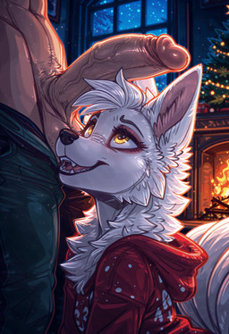 anthro balls christmas_clothing christmas_tree clothing duo fangs female fireplace fur genitals human_on_anthro interspecies kneeling looking_up male male/female multi_tail open_mouth penis penis_on_face plant side_view tail teeth tree white_body white_fur yellow_eyes neural_bunny canid canine fox human mammal absurd_res hi_res