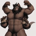 4_arms abs anthro beard big_penis blue_eyes body_hair canid canine chest_hair facial_hair flexing genitals genny grabby_hands hairy happy_trail himbo huge_penis male mammal multi_arm multi_limb muscular pecs penis pose pubes smile smirk solo