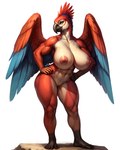 abs anthro beak big_breasts black_beak breasts curvy_figure feathered_crest feathers feet female genitals head_crest huge_breasts humanoid_feet muscular muscular_anthro muscular_female nipples nude plantigrade pussy red_body smile solo spread_wings thick_thighs wide_hips wings avian bird macaw neotropical_parrot parrot true_parrot absurd_res hi_res