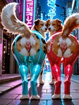 anatomically_correct anatomically_correct_genitalia anatomically_correct_pussy anus city city_background duo female female/female feral garter_straps genitals latex_legwear looking_at_viewer looking_back neon_lights pink_anus pink_pussy pussy sex standing standing_sex tail_up goldendog australian_shepherd canid canine canis domestic_dog herding_dog mammal pastoral_dog sheepdog hi_res