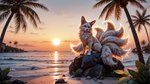 ambiguous_gender beach beach_background building detailed_background detailed_fur female feral fur house multi_tail palm_tree plant sand sea seaside sitting_on_rock solo sunset tree water white_body white_fur yellow_eyes hummuna nintendo pokemon canid canine fox generation_1_pokemon mammal ninetales pokemon_(species) absurd_res detailed hi_res wallpaper