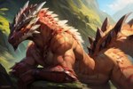 anonalien_(director) anthro looking_at_viewer male muscular nature nature_background red_body smile solo dragon