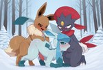 anal anal_penetration balls blue_body blue_eyes blush bodily_fluids brown_body brown_fur feral fur genitals group group_sex male male/male oral penetration penis sex trio twinkaton nintendo pokemon eevee eeveelution generation_1_pokemon generation_4_pokemon glaceon mammal pokemon_(species) weavile hi_res