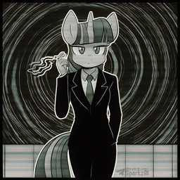 anthro anthrofied biped black_border border cigarette clothed clothing female hair horn looking_at_viewer necktie scanlines smoke smoking solo standing suit telegram telegram_logo text sergalbutt friendship_is_magic my_little_pony the_twilight_zone twilight_sparkle_(mlp) equid equine horse mammal pony unicorn 1:1 director_name monochrome signature url