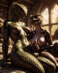 anthro argonian balls bodily_fluids breasts brown_body brown_skin cum cumshot ejaculation female genital_fluids genitals green_body green_skin gynomorph gynomorph/female hand_on_penis handjob hi_res intersex intersex/female leaning leaning_back lichking127 medieval navel nipples non-mammal_breasts non-mammal_nipples open_mouth orgasm penile penis realistic reptile scalie sex sitting skyrim smile teeth yellow_eyes