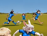 anthro athletic_wear ball female group soccer_ball sports_field anonymous_director felid feline human lagomorph leporid lynx mammal mouse murid murine rabbit rodent absurd_res hi_res