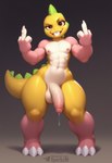 abs anthro balls big_penis bodily_fluids brown_eyes claws dripping fingers flaccid genital_fluids genitals gesture glans hand_gesture humanoid_genitalia humanoid_penis looking_at_viewer male middle_finger muscular mythology navel nipples nude penis pink_body precum precum_drip scales simple_background smile solo standing tail teeth text thick_thighs vein veiny_penis wide_hips yellow_body yellow_scales sergalbutt bubble_bobble bubble_dragon dragon mythological_creature mythological_scalie reptile scalie hi_res signature url