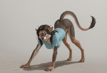 4_toes 5_fingers aaa_anime_vae_sdxl_v2_(vae) all_fours anthro artois_posting_service ass_up barefoot black_nose blue_clothing blue_topwear bottomless breasts brown_body brown_eyes brown_fur brown_hair butt claws clothed clothing comfyui_(software) digitigrade feet female fingers fur grey_background grey_body grey_fur hair long_hair looking_at_viewer multicolored_body multicolored_fur nai-diffusion-furry-3_(model) open_mouth paws perfectrsbmixillustrious_(model) ponystandardvae_v10_(vae) realesrgan_x4plus_(upscaler) shirt simple_background smile solo tail tail_tuft teeth toe_claws toes tongue topwear tuft crashbandit canid canine canis felid hybrid lion mammal pantherine wolf digital_media_(artwork) prompt_metainfo