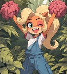 anthro blonde_hair clothing female green_eyes hair leaf long_hair looking_at_viewer one_eye_closed open_mouth open_smile overalls pom_poms smile solo wink anonymous_director crash_bandicoot_(series) coco_bandicoot mammal marsupial hi_res