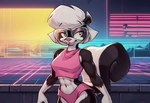 anthro athletic athletic_female bottomwear clothing eyeshadow eyewear female glasses hair makeup smile solo standing synthwave tanktop vaporwave white_hair zaddha sabrina_(sabrina_online) mammal mephitid skunk hi_res