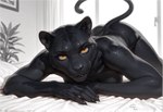 all_fours amber_eyes anthro bed bedding bedroom_eyes black_body black_fur cheek_tuft claw_nails curtain facial_tuft female framed_picture fur furniture head_down_ass_up looking_at_viewer narrowed_eyes pillow plant seductive solo tuft whiskers window ilmpbx siyana_(ilmpbx) felid mammal pantherine greyscale hi_res monochrome signature