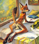 anthro anus balls bed butt canid canine collar collar_only dripping_paint flower fox furniture genitals heck_incarnate inside looking_at_viewer looking_back looking_back_at_viewer lying male mammal mostly_nude nick_wilde nude on_bed on_front painting_(artwork) plant pose presenting presenting_hindquarters raised_tail rear_view smile solo traditional_media_(artwork) zootopia