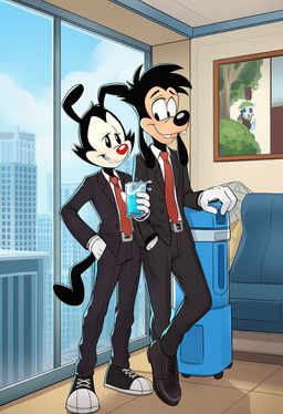 aged_up anthro belt belt_buckle beverage black_body black_fur bottomwear clothed clothing container crossover cup duo eye_contact footwear fur furniture glass glass_container glass_cup gloves hand_in_pocket handwear holding_glass holding_object inside looking_at_another male male/male necktie office office_clothing painting_(object) pants pockets shirt shoes skyscraper smile standing suit suit_jacket tail topwear tuft water white_body white_fur window boxen549 animaniacs disney goof_troop warner_brothers max_goof yakko_warner canid canine canis domestic_dog inkblot mammal hi_res novelai