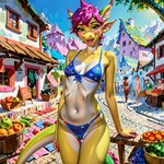 anthro bikini blush breasts camel_toe clothing female food fruit genitals looking_at_viewer market nude open_mouth outside plant pussy pussy_floss small_breasts smile standing swimwear dragon scalie hi_res