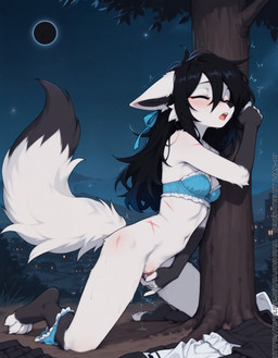 anthro black_hair blush bra clothing eclipse eyes_closed female hair kneeling landscape long_hair masturbation moon night open_mouth panties panties_around_one_leg plant ribbons scratches solo tree underwear underwear_around_one_leg village white_body djar17 arctic_fox canid canine fox mammal absurd_res hi_res