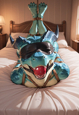 ambiguous_gender anthro arms_tied ball_gag bdsm bed bed_sheet bedding blindfold bodily_fluids bondage bound curtains drooling furniture gag horn inside lamp legs_tied pillow restraints rope rope_bondage rope_harness saliva scales solo window tollilo kobold reptile scalie hi_res
