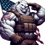 abs anthro biceps big_fangs big_muscles blue_eyes clothing flag gesture heroic_pose huge_muscles hyper hyper_muscles looking_at_viewer male military military_uniform muscular muscular_male patriotism politics salute smile snarling stars_and_stripes tactical_gear teeth topwear uniform united_states_of_america vest makeone felid feline lion mammal pantherine