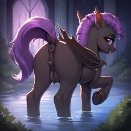 animal_genitalia animal_pussy anus black_body black_fur butt clitoris crotch_breasts equine_pussy female feral fur genitals hair hooves inside looking_at_viewer looking_back mane membrane_(anatomy) membranous_wings plant presenting presenting_anus presenting_hindquarters presenting_pussy puffy_anus purple_eyes purple_hair purple_mane purple_tail pussy raised_tail rear_view sharp_teeth shrub solo tail teats teeth water window wings schachtnatten my_little_pony fan_character bat_pony equid equine horse mammal pony