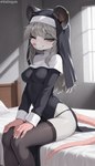 bed bedding blush breasts claws clothing ear_piercing female fur furniture grey_body grey_eyes grey_fur grey_hair hair hands_on_legs headgear headwear legwear long_hair long_tail looking_at_viewer medium_breasts narrowed_eyes nun nun_habit one_eye_closed panties piercing pillow side_view sitting smile solo stockings tail thigh_highs underwear window wink kaltingale_(director) didelphid mammal marsupial hi_res