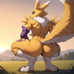 anthro anus armwear black_sclera blue_eyes butt claws clothing crouching detached_sleeves female fur grass looking_back muscular neck_tuft pawpads plant solo sunset tuft white_body white_fur yellow_body yellow_fur cpt_d digimon digimon_(species) renamon hi_res