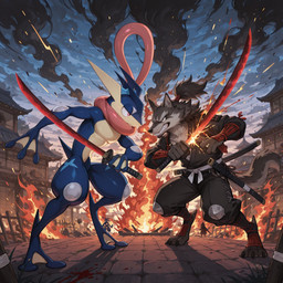 3_fingers 3_toes 5_fingers anthro armor burning_building dark duo feet fierce fingers fire holding_object intense_gaze male male/male samurai samurai_armor serious_face side_view smoke toes warrior lucasauditore nintendo pokemon canid canine canis generation_6_pokemon greninja mammal pokemon_(species) wolf hi_res