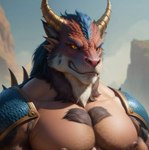 anthro armor beard blue_crest blue_hair chest_tuft dragon facial_hair fur furred_dragon hair head_crest hi_res horn humanoid male nipples outside sexyfoxycat solo tuft yellow_horn